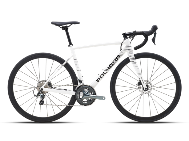 Vélo de route Polygon Strattos S4D blanc avec transmission Shimano Tiagra.