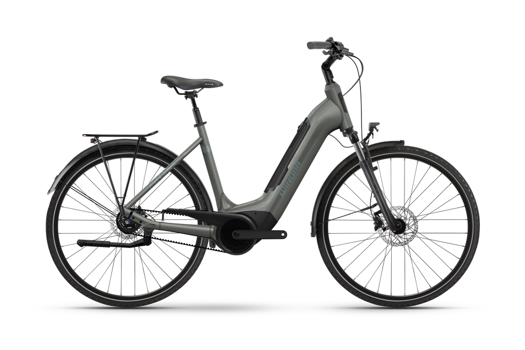 Vélo électrique urbain Winora Tria R8F 2026 avec transmission par courroie et moteur Bosch.